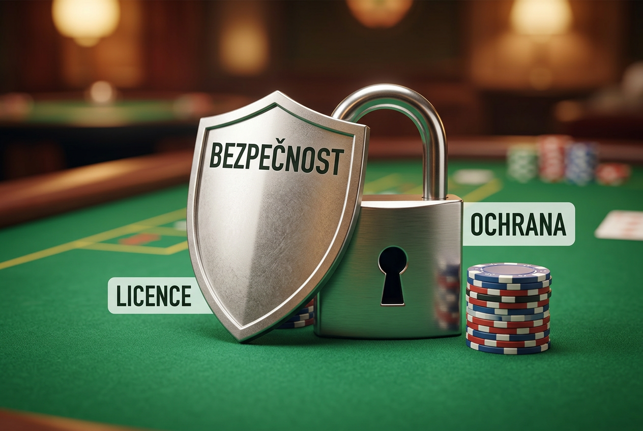Infografika s ikonami zámku a ochranného štítu na pozadí kasinových žetonů symbolizující bezpečnost